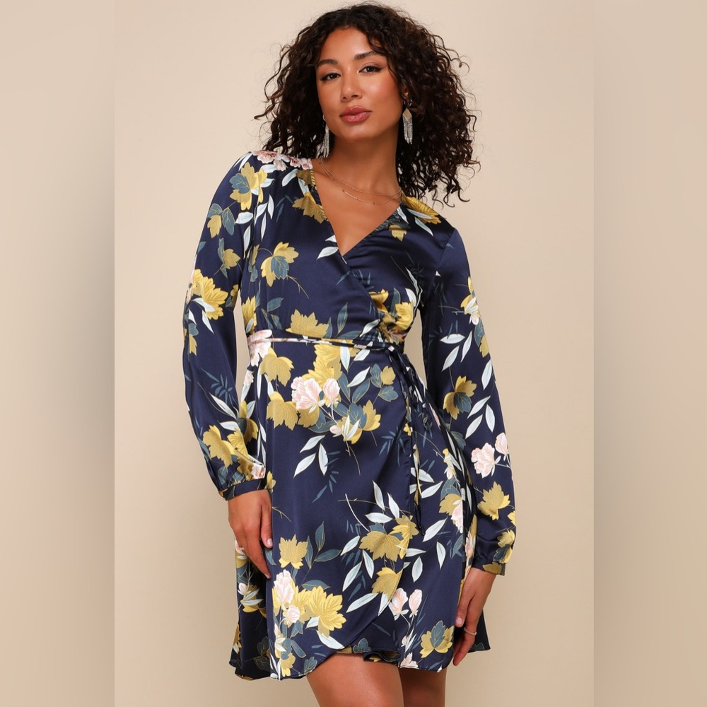 Love is Life Navy Blue Floral Print Satin Wrap Dress Size XL